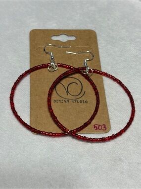 Red Seed Beaded Hoop Earrings with Silver Hooks